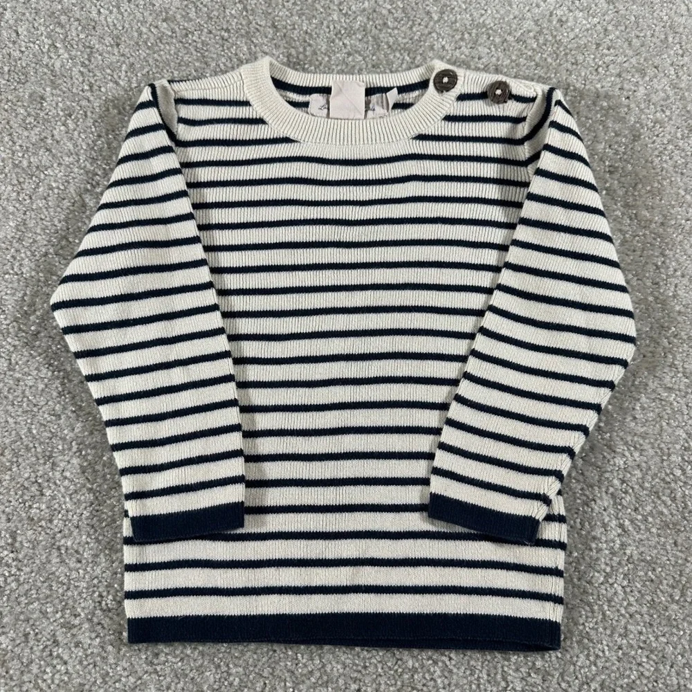 HM‎ LOGG Kids Navy Cream Striped Knit Sweater Button Shoulder Size 2-4Y